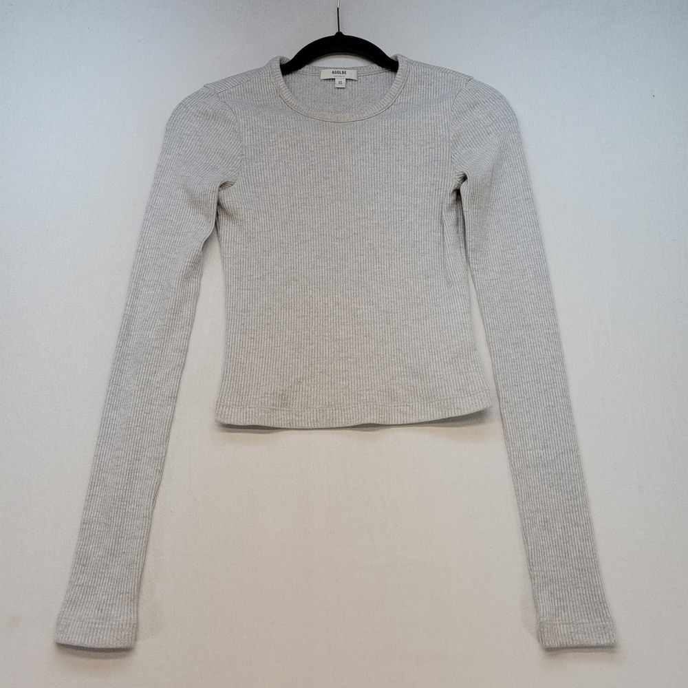 AGOLDE Alma Shrunken Crewneck Women XS Gray Ribbed Long Sleeve Top A7119